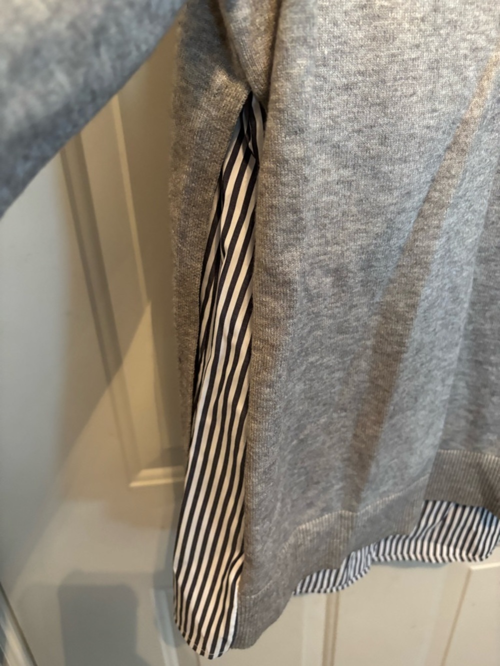 Honey Punch Gray V-Neck Sweater with Striped Hem - Picture 2 of 6